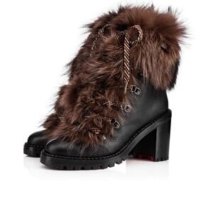 Christian Louboutin Fanny 70 Black Brown Fur Leather Tie Heel Combat Boot 34
